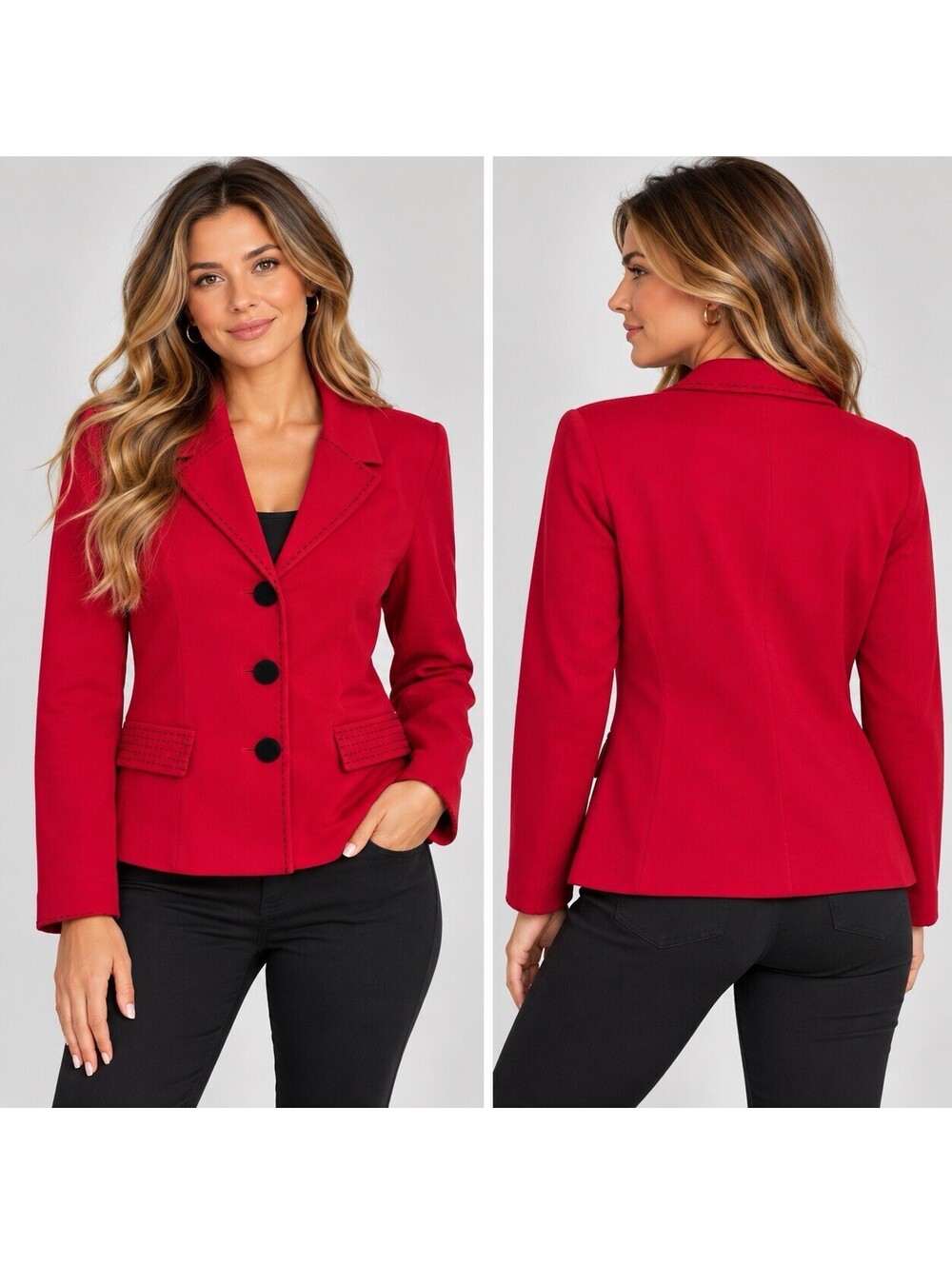 Koret Stretch Petite Red Blazer Women’s Black Buttons Retro Y2K Office Jacket